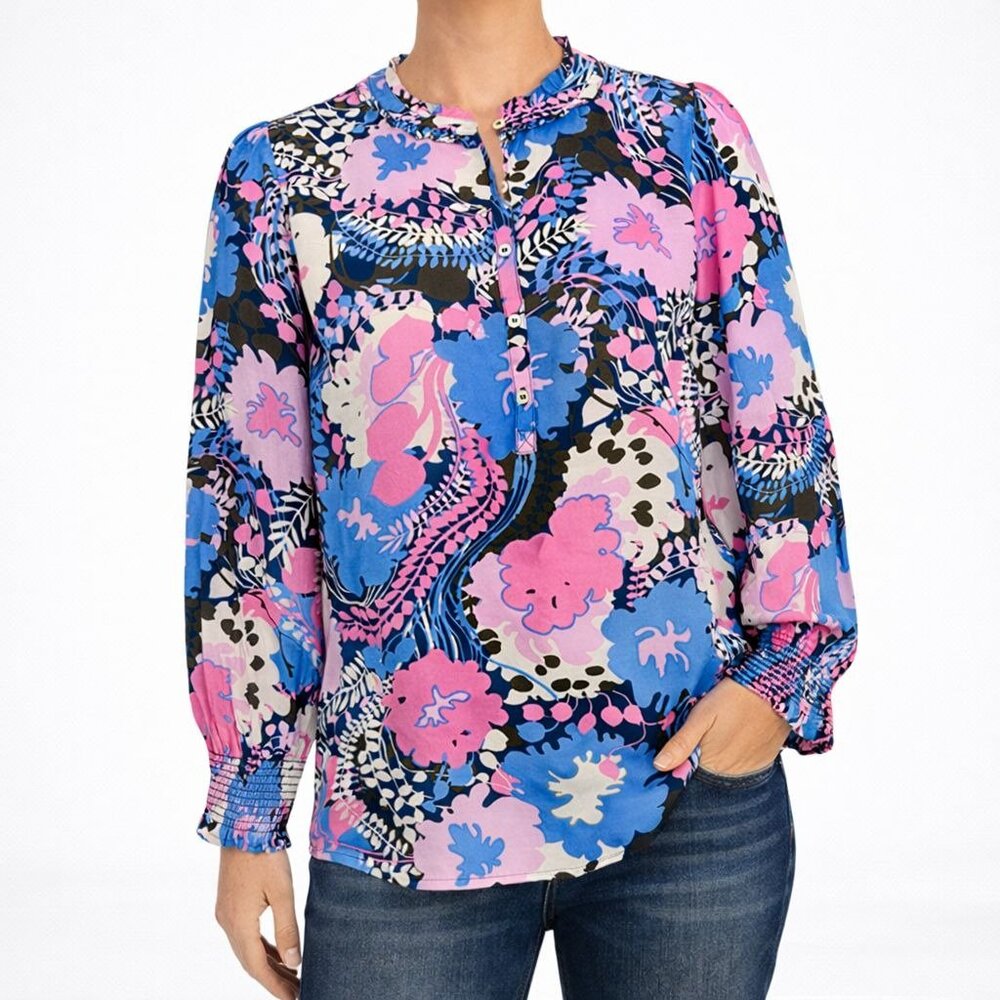 NEW Talbots Womens Smocked Cuff Cascading Blooms Blouse Popover Floral Size XL